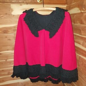 Vintage 60s Red Corduroy Poncho With Black Fringe-Trim